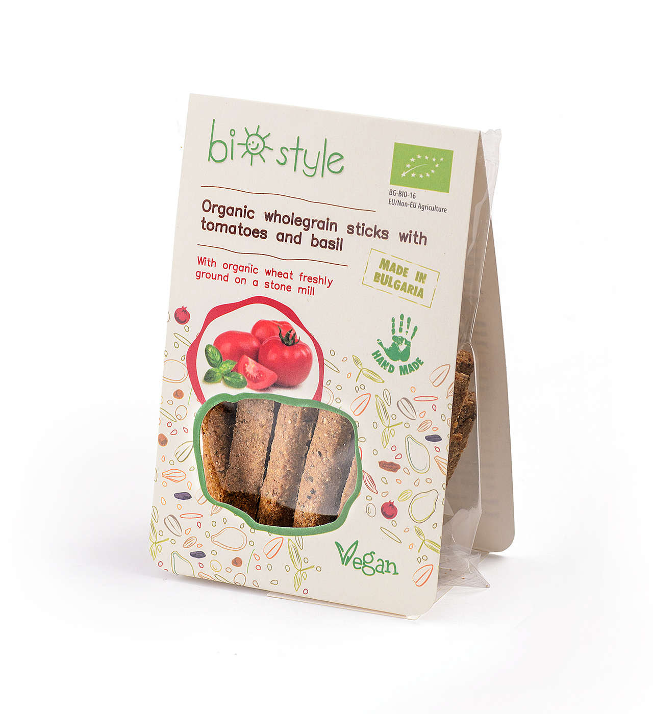 Organic wholegrain sticks with tomatoes and basil