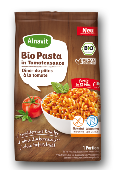Organic pasta in tomato sauce